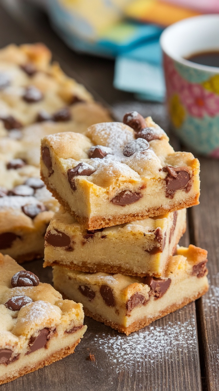 Deliciously baked Cake Mix Cookie Bars with chocolate chips, dusted with powdered sugar, served on a rustic table.